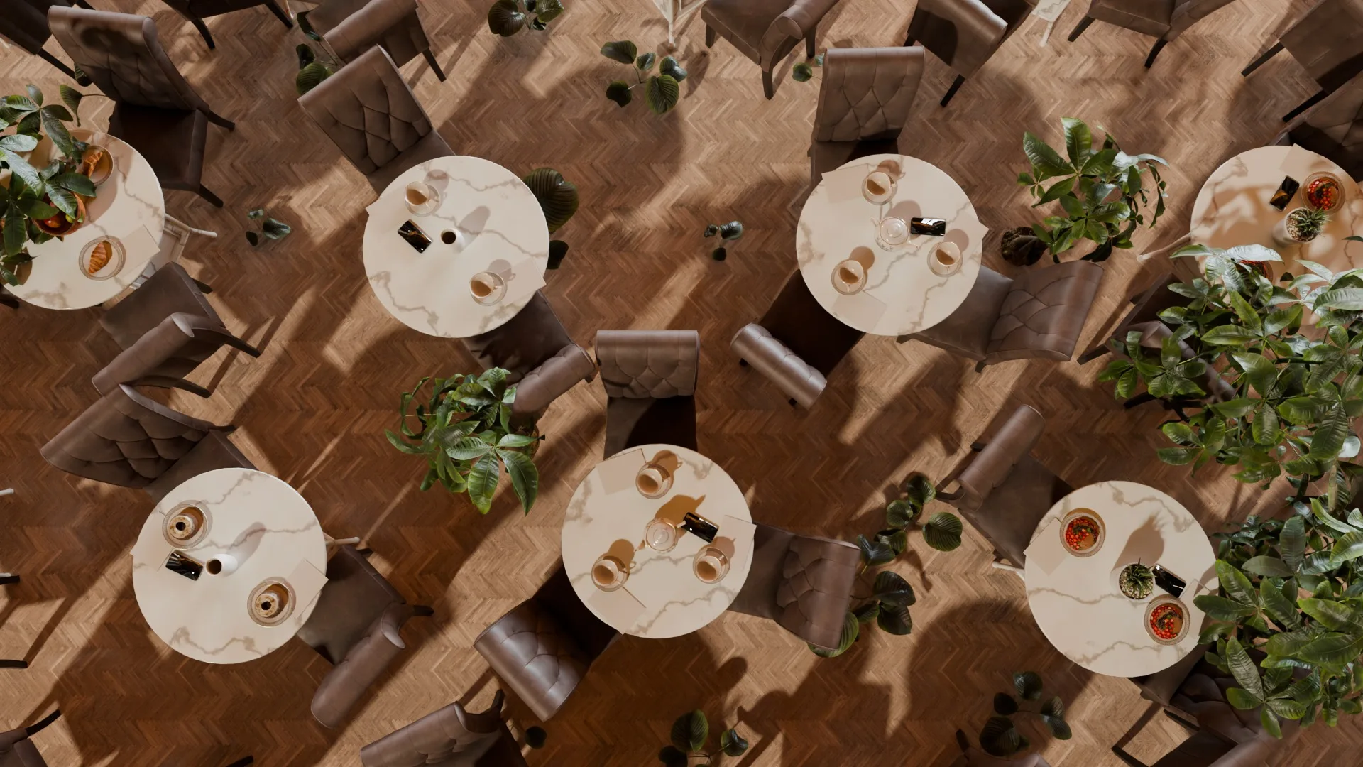 A dining room seen from above, a phone on every table lighting up with the restaurant's story