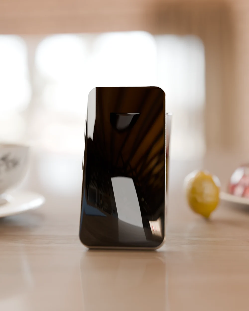A phone propped on a water glass at a restaurant table, showing the restaurant's story